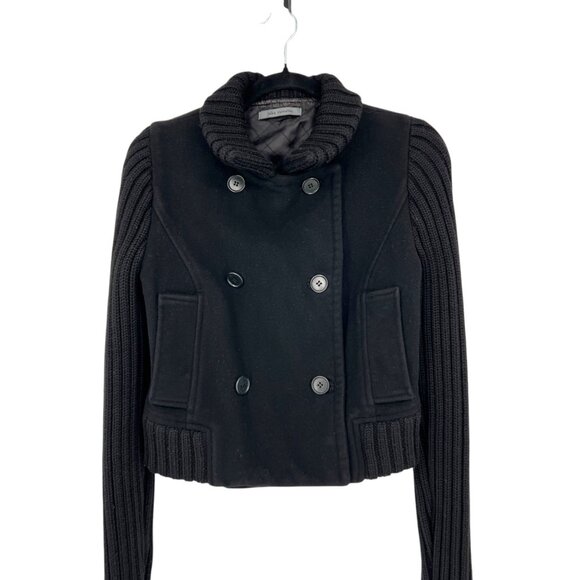 John Varvatos Cropped Pea Coat with Knit Sleeves Black Womens Size Small - Picture 2 of 13